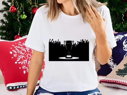 A shining trophy cup with a crowd of people in the background cheering