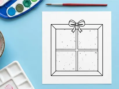 Ilustrasi seni garis jendela Natal dengan kepingan salju dan ranting pinus yang meriah
