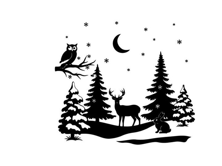 Winter forest silhouette with deer owl and rabbit under moonlight