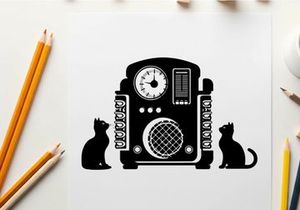 Silhouette of cats and vintage radio on white background silhouette