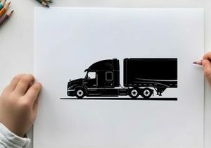 Black silhouette of a large semi truck on a white background