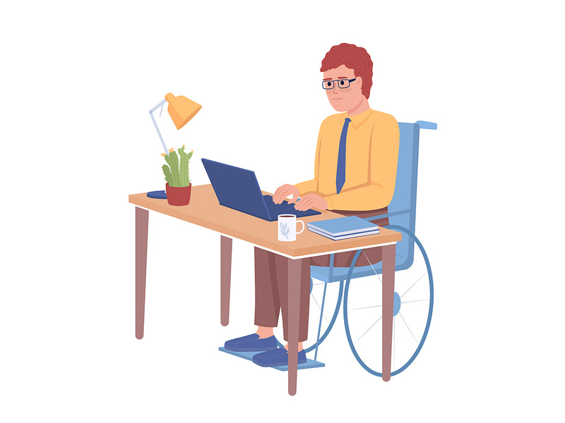 Disabled person at work semi flat color vector character
