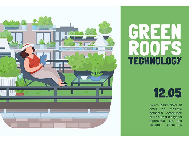 Green roofs technology banner flat vector template