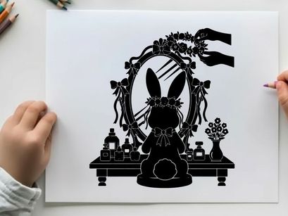 Silhouette of a rabbit in front of a vanity mirror with flowers