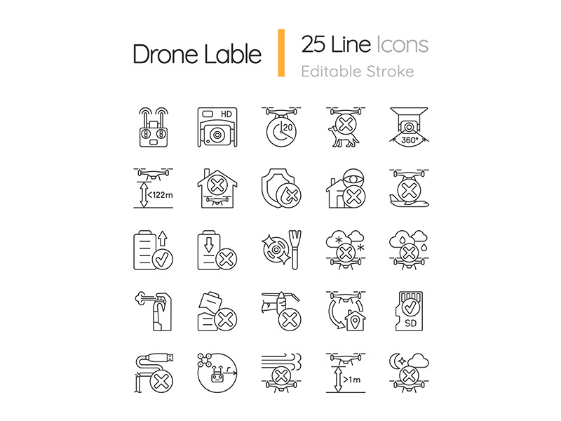 Drone usage linear manual label icons set