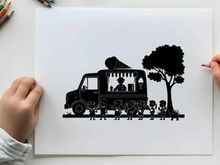 Silhouette of a food truck with people and a tree