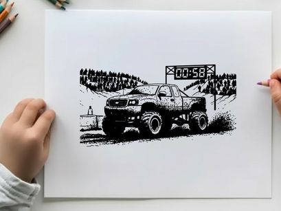 Truck racing silhouette with timer on a snowy track