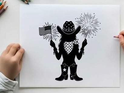 American cowboy silhouette celebrating with fireworks and flag