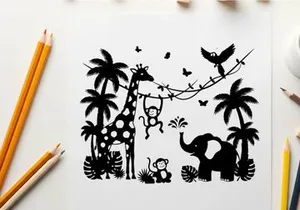 Jungle scene with silhouette animals and tropical plants