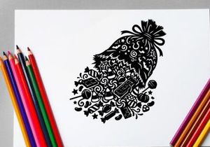 Black and white silhouette of a festive Christmas stocking filled with gifts