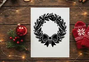 Black Christmas wreath silhouette with bow isolated on white background