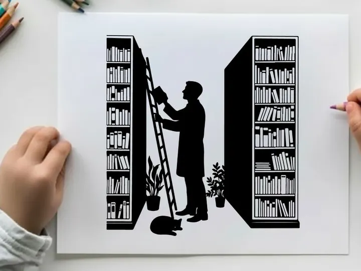 Silhouette of a man reaching for a book on a ladder between shelves
