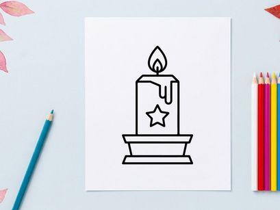 Hand-drawn Halloween candle with flame and star. Spooky hand-sketched jack-o'-lantern votive for festive autumn decor.