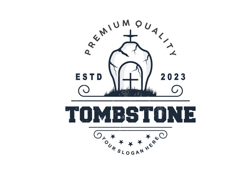 Tombstone Logo, Tomb Cemetery Cross, Vector Vintage Label, Retro Badge, Inspirational Design