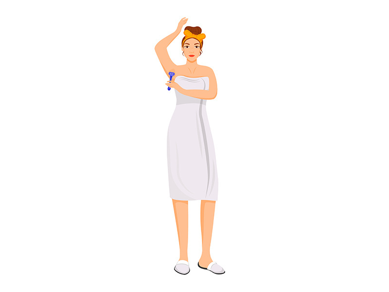 Young woman in towel shaving armpits flat color vector faceless character