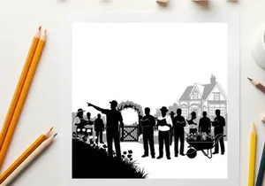 Silhouette of people standing in front of a large house with a gate