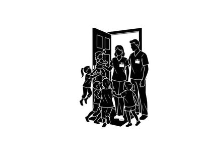 Family entering home with children running silhouette