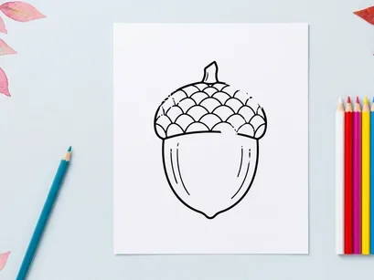 Close-up of an acorn on a white background. Natural nut with textured cap, detailed macro shot.
