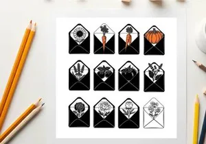 Collection of 12 unique silhouette designs in black and white with orange accents silhouette