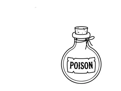 Vintage Giftflasche mit Totenkopf-Etikett Illustration. Gefahrenhinweis für gefährliche Chemikalien in Schwarz-Weiß-Liniengrafik.