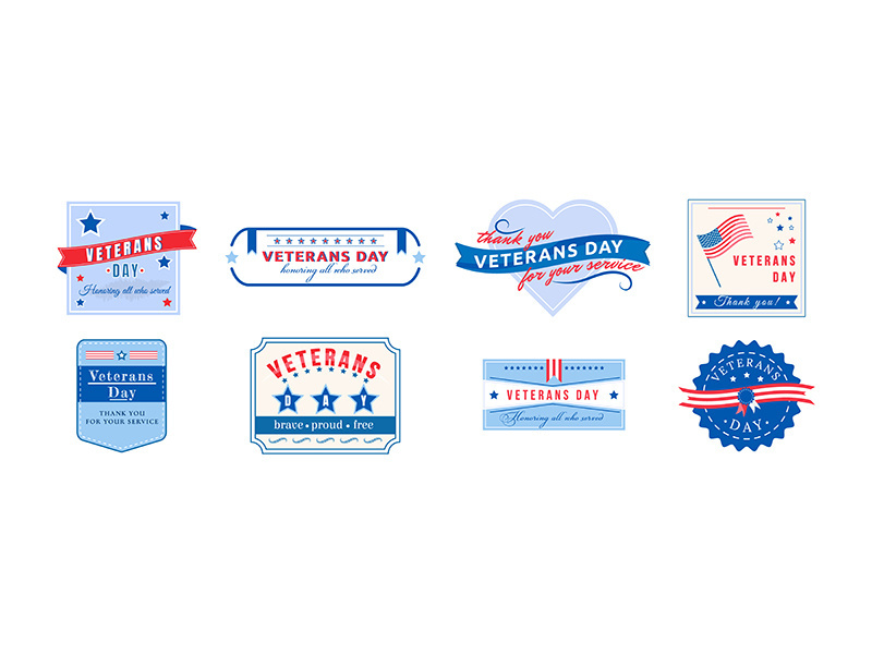 American Veterans Day flat color vector badges set