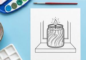 Line art illustration of a lit candle in a glass jar on a windowsill