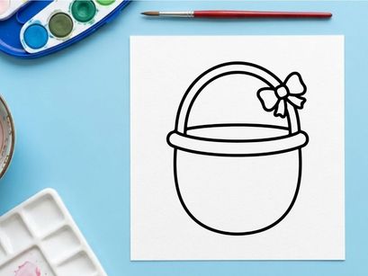 Easter basket line art icon. Simple hand drawn wicker basket with a decorative bow.