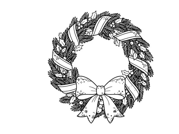 Christmas wreath line art illustration with festive ribbon and holly leaves for coloring