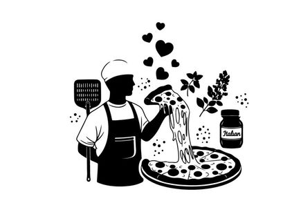 Silhouette of a chef making pizza with love and herbs