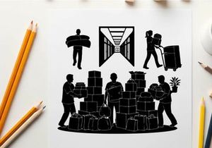 Silhouette of warehouse workers loading and unloading boxes and packages