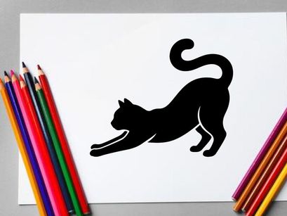 Silueta de gato estirándose en pose dinámica sobre fondo blanco