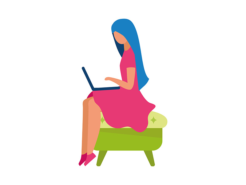 Young woman with laptop semi flat color vector character