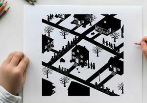 Silhouette of a snowy neighborhood scene with houses and people