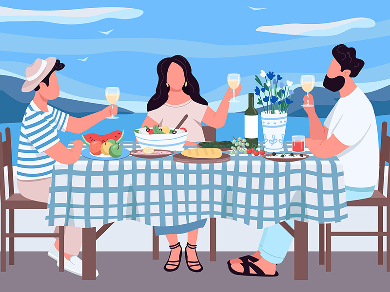 Greek holiday for friends flat color vector illustration