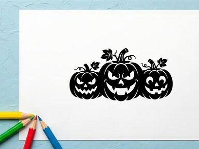 Silhouettes of three carved Halloween pumpkins with vines and leaves