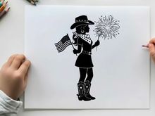 Silhouette of a girl in a cowboy hat holding an american flag and firework