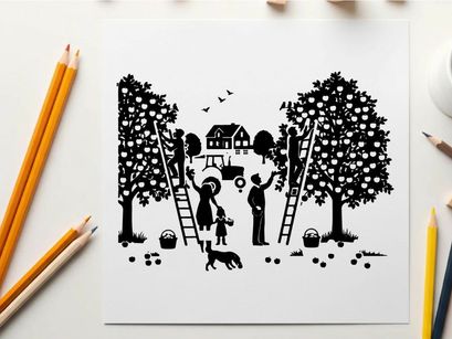 Family harvesting apples in orchard silhouette