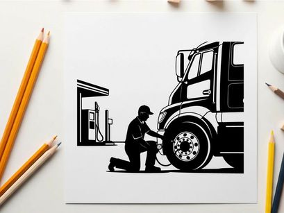 Silhouette of a man checking a large truck tire at a gas station silhouette