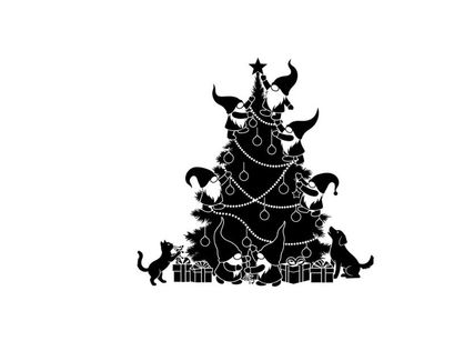 Black silhouette of a christmas tree with cats and presents