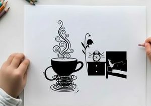 Silhouette of a steaming cup with flower and clock