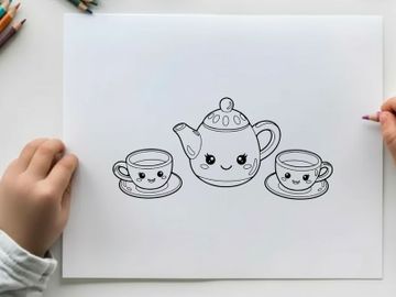 Cute teapot and cups set smiling vector illustration preview picture