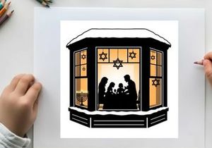 A silhouette of a family celebrating hanukkah in a cozy snow covered house