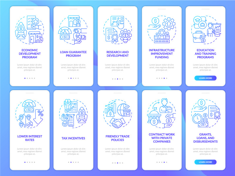 Small business incentives blue gradient onboarding mobile app screen set