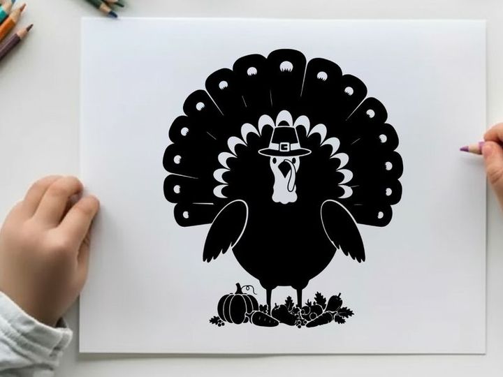 Black silhouette of a pilgrim turkey with hat and feathers