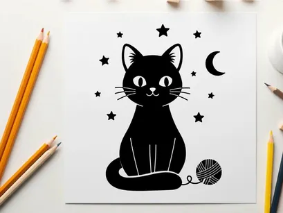 Whimsical silhouette cat under starry night sky with moon