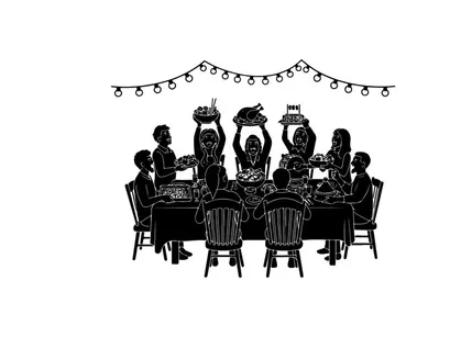 Silhouette of people celebrating with food and lights at a dinner table