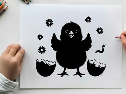 Black silhouette bird hatching from eggs with flowers and worm