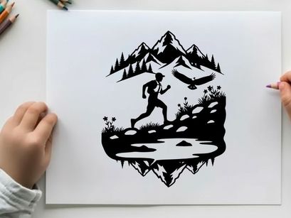 Silhouette of a person running in a mountainous landscape silhouette