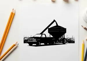 Silhouette of a pickup truck with grain auger in field