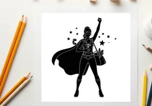 Empowered woman silhouette with cape and stars